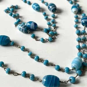 Vintage swirled blue art glass flapper long necklace Czech style
